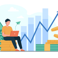 Illustration of a person sitting on a stack of coins using a laptop, with large dollar bills, coin stacks, and an upward-trending bar and line graph in the background