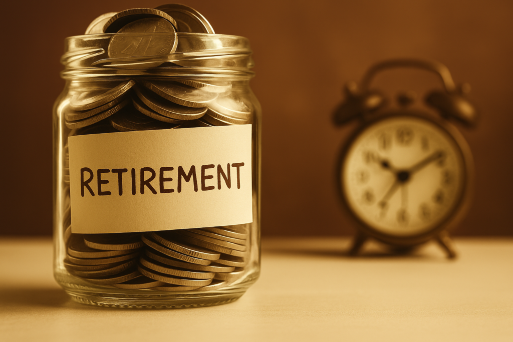 A glass jar labeled 'RETIREMENT' is filled with coins and placed on a table. In the blurred background, there is a vintage-style alarm clock, symbolizing the concept of saving money over time for retirement.