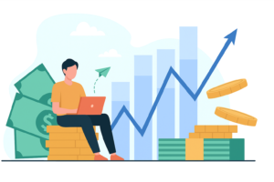 Illustration of a person sitting on a stack of coins using a laptop, with large dollar bills, coin stacks, and an upward-trending bar and line graph in the background